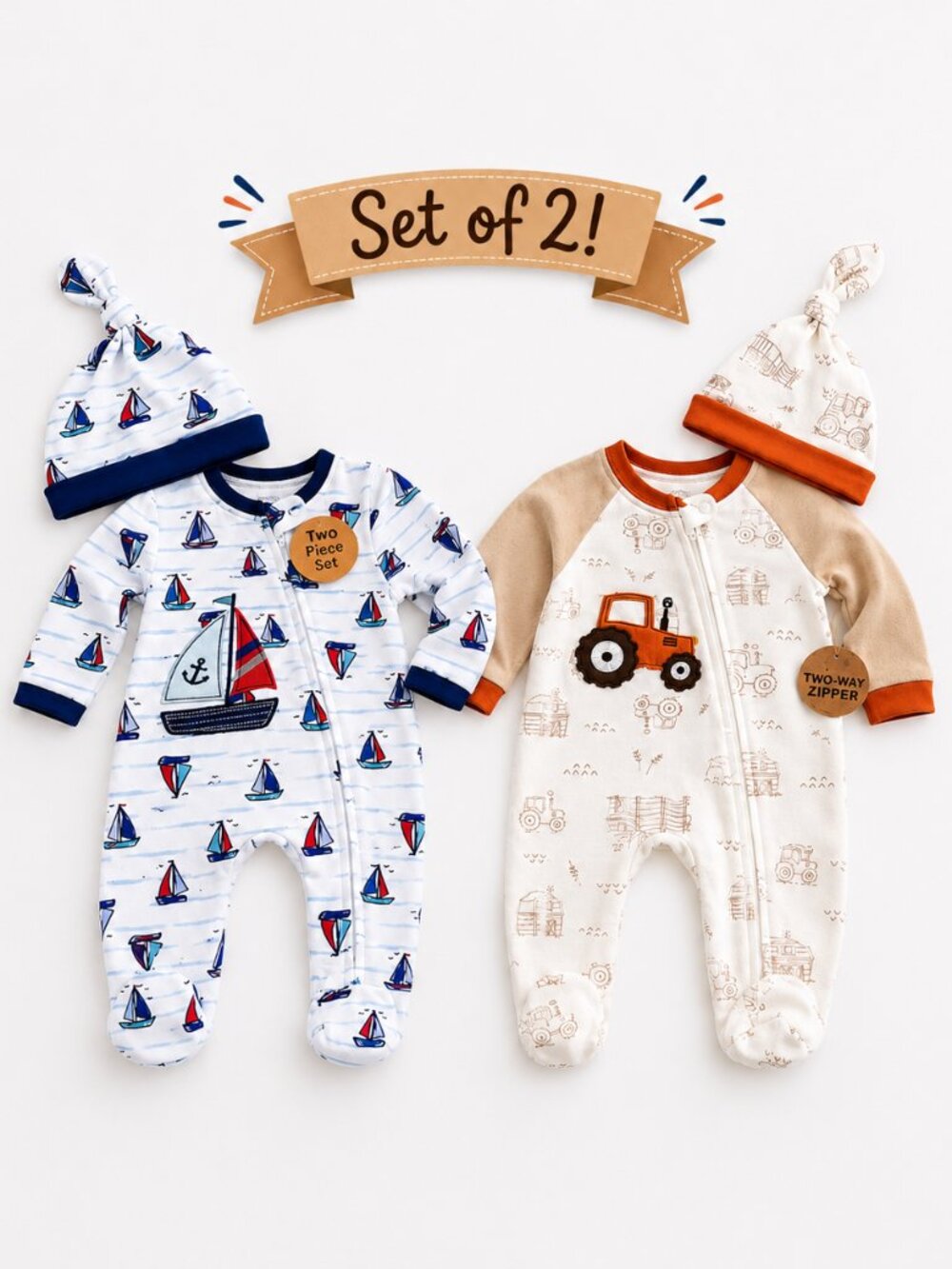 NWT Baby Essentials Baby Boy Footed Sleepers & Caps Set of 2 Various Sizes